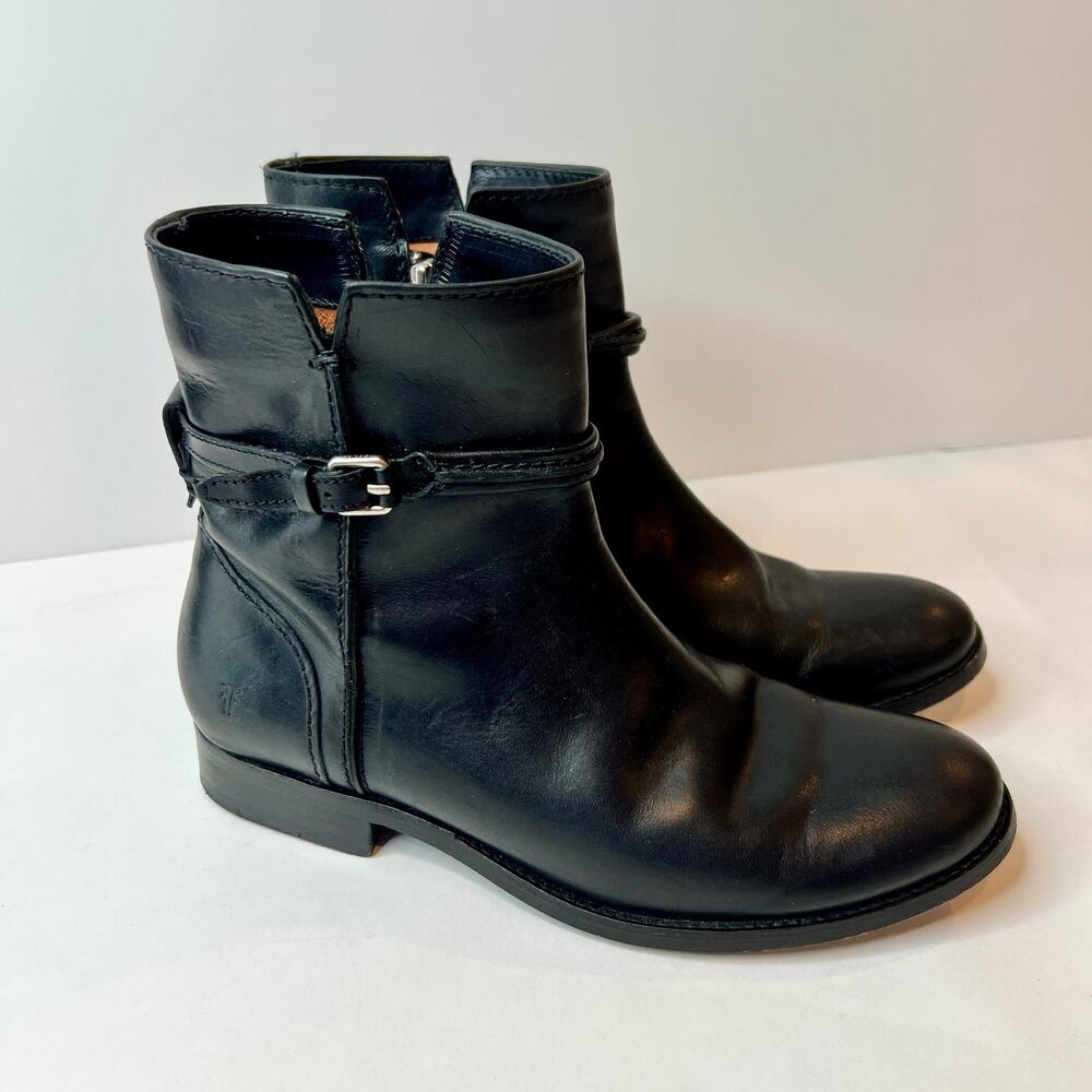 Frye Melissa Seam Short Boot Womens 7.5 B Black Leather Ankle Strap Booties Zip